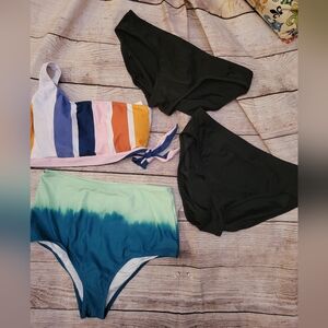 Colorful Striped Bikini Top and Black Bottoms Set